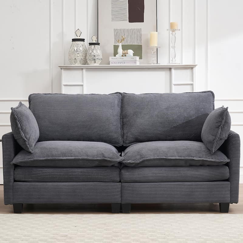 Corduroy Upholstered Loveseat Sofa Deep Seat Modular 2 Seater Couch with Double Cushions and 2 Lumbar Pillows for Living Room - Dark Grey