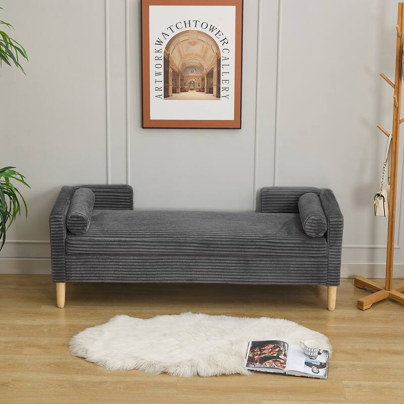 65.35" Corduroy Upholstered Storage Bench with Armrests & 2 Bolster Pillows