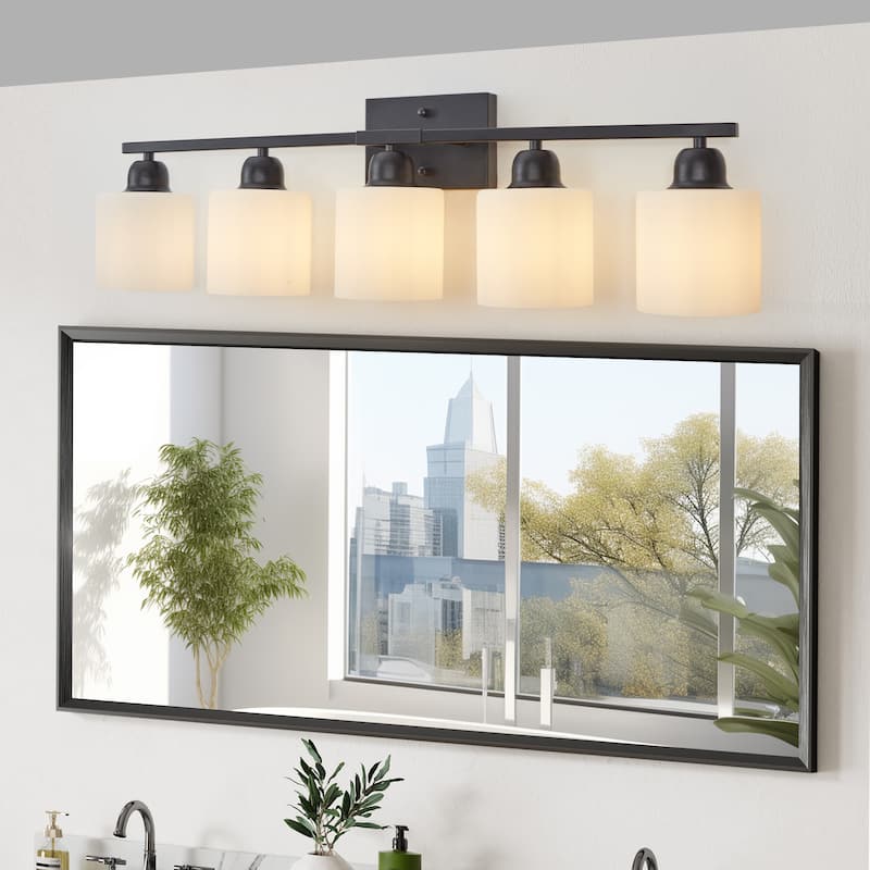 5-Light Black Bathroom Vanity - Milky Frosted Glass - E26 Socket