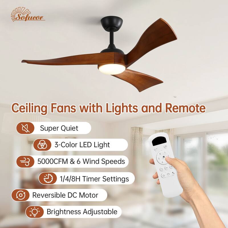 52"Solid Wood Ceiling Fan with Light Optional, 6-Speed Reversible DC Motor and Remote control,Smart Optional