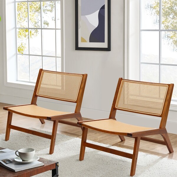Brown Rubberwood with PE Rattan Low Profile Armless Accent