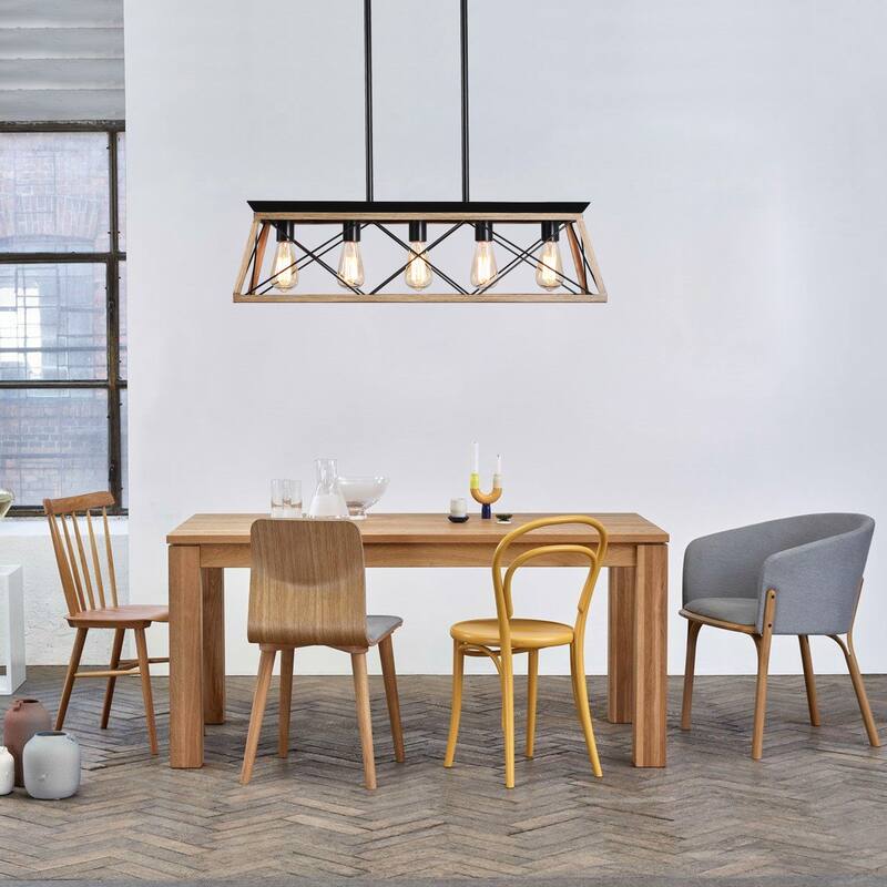 32" Industrial 5-Light Pendant Chandelier, Modern Metal Cage Design, Adjustable Hanging Light for Dining Room (No Bulbs) - Oak