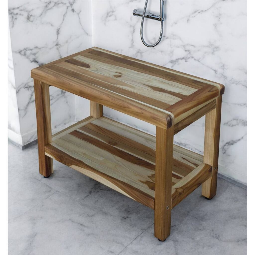 HomeRoots 24" Natural Teak Rectangular Shower Bench With Shelf