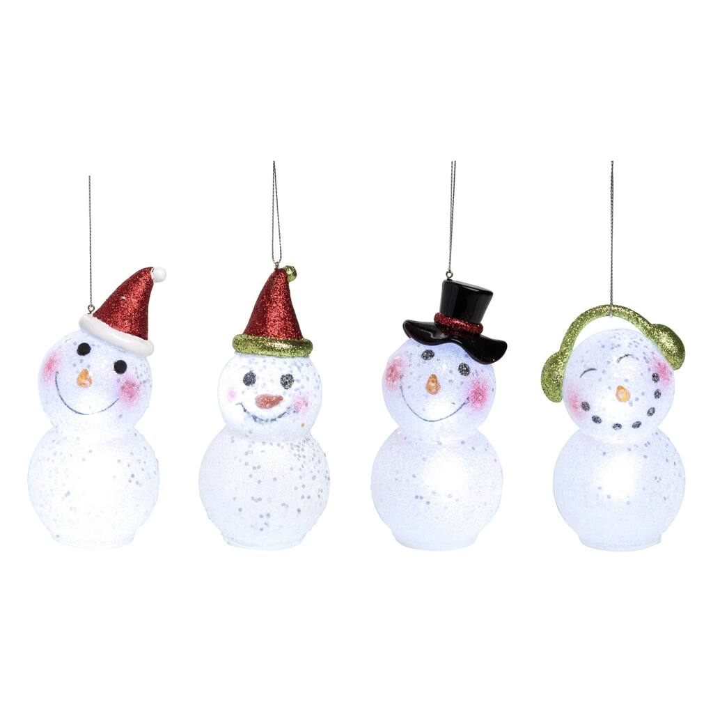 Transpac Artificial 6 in. White Christmas Light Up Glitter Snowman Ornament 4 Assorted