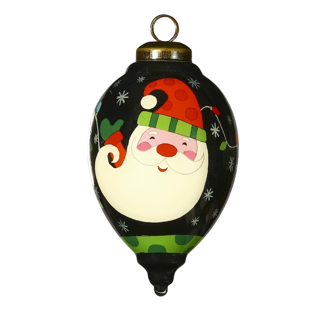 Santa in Holiday Lights Hand Painted Mouth Blown Glass Ornament - 4" x 2.5" x 2.5"