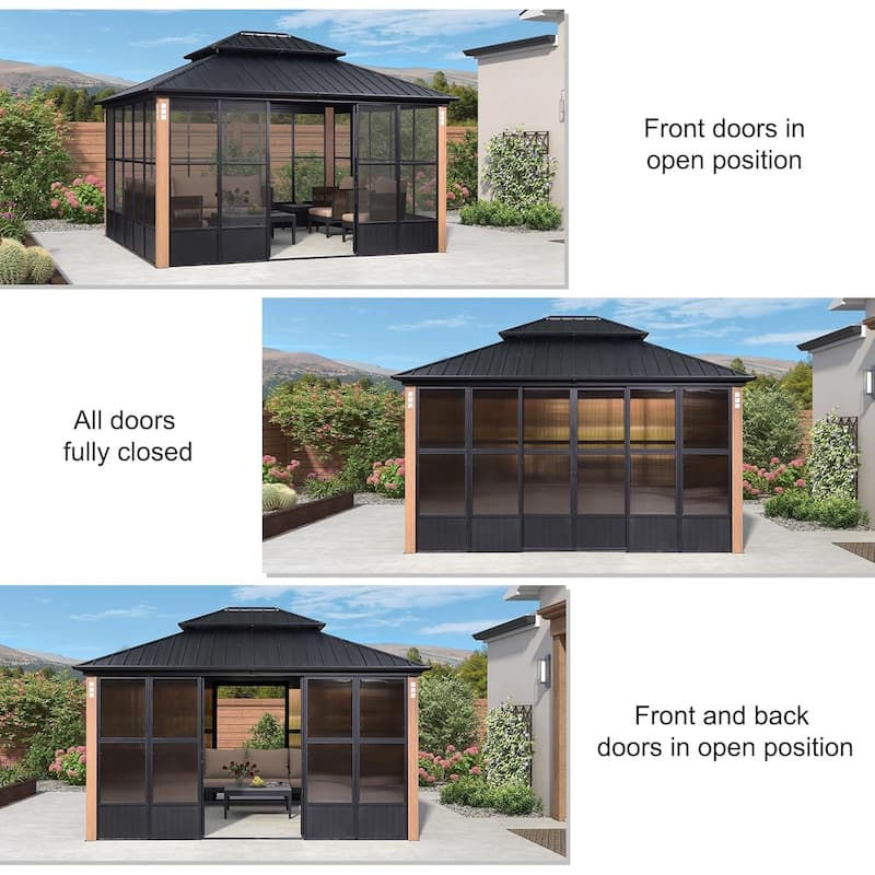 PURPLE LEAF Double Top Outdoor Wood Grain Sunroom All-Weather Screen House Patio Hardtop Gazebo
