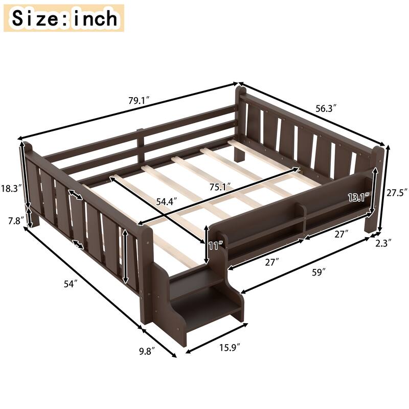 Full/Twin Floor Bed with Storage Bookcases & Cute Stairs - Solid Wood Kids Bed, No Box Spring