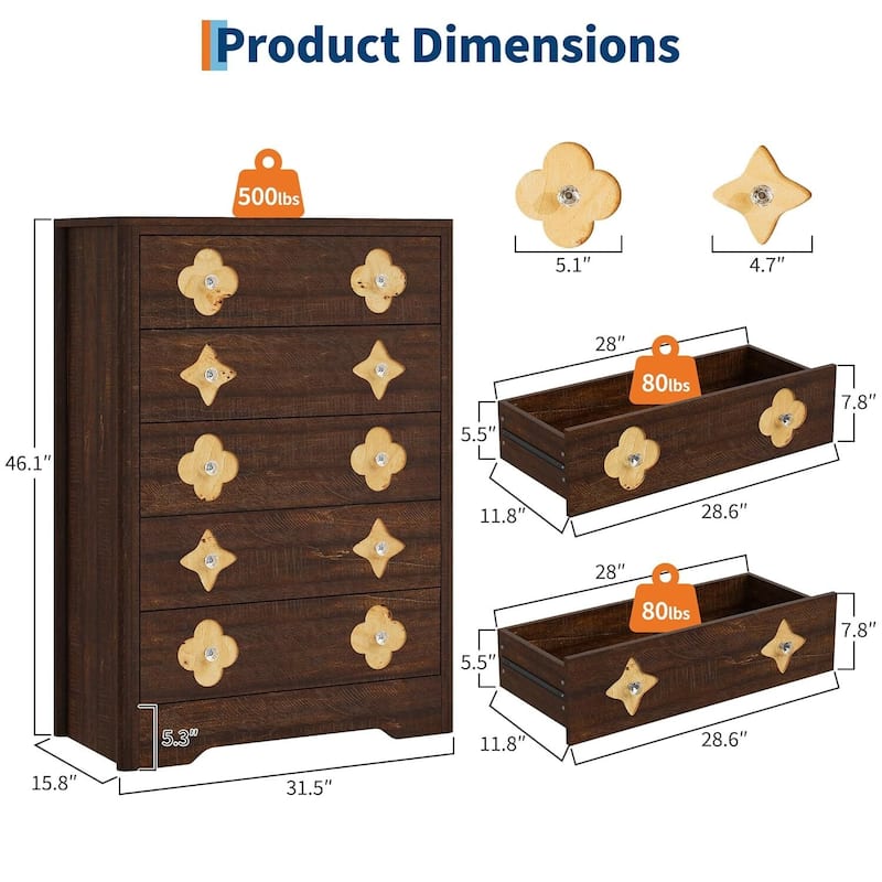 Fluted 5 Drawer Tall Dresser for Bedroom, Living Room, Hallway