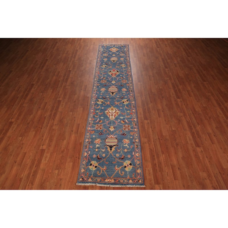 Blue Floral Ziegler Vegetable Dye Runner Rug Hand-Knotted Wool Carpet - 2'8" x 12'3"