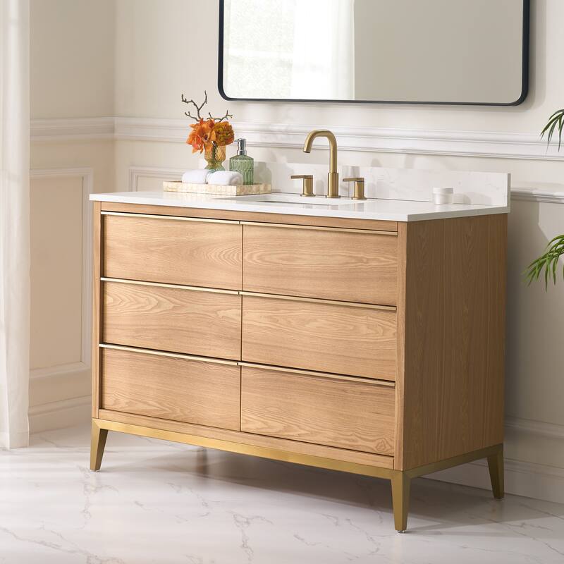 36"/48"/60" W Width Solid Wood Bathroom Vanity with Stain-resistant Carrera White Quartz Top and Sink