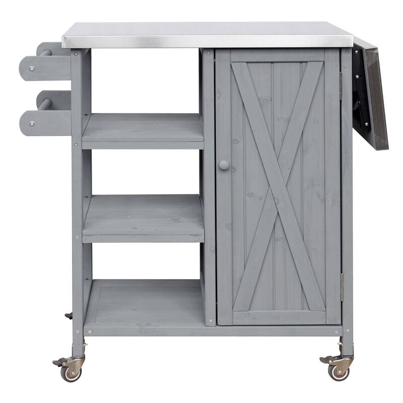 Foldable Outdoor Portable Kitchen Island Cart with Lockable Wheels, Storage Cabinet & Towel Rack
