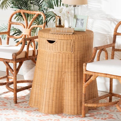 Dayo Scalloped Natural Rattan Console Table with Drawer - Handwoven Wicker Accent Table with Flared Skirt, Coastal Boho Style