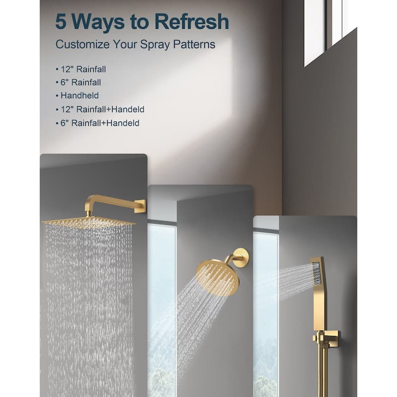 GRANDJOY Dual Shower Heads 12" Rainfall Thermostatic Shower System Faucet Set with Rough-in Valve