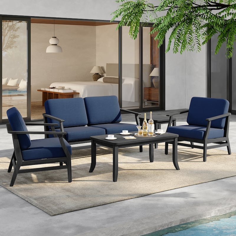 5-Piece Outdoor Teak Wood Patio Conversation Set with Cushions - BlackFrame-Navy