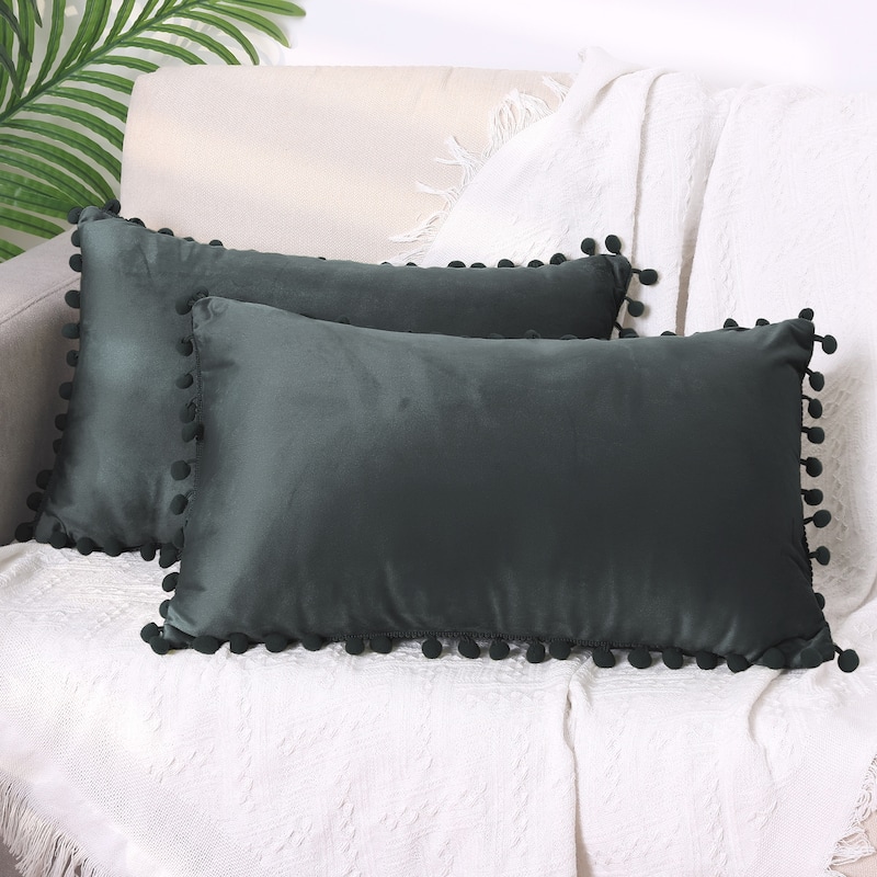 Pack of 2 Velvet Throw Pillow Covers with Pompoms Decorative Pillow Cases Fringe Cushion Covers Velvet Square Sham - Dark Gray - 12 x 20 Inch