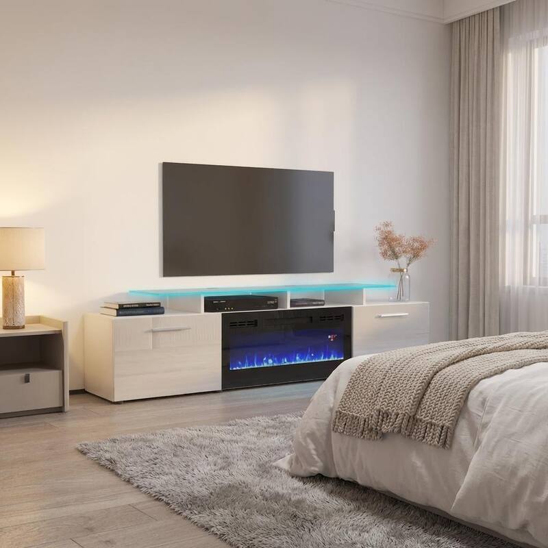 Meble Furniture Rova EF Modern 75" Electric Fireplace TV Stand for TVs up to 85", 75"W x 19"H x 14.5"D for up to 85" TVs