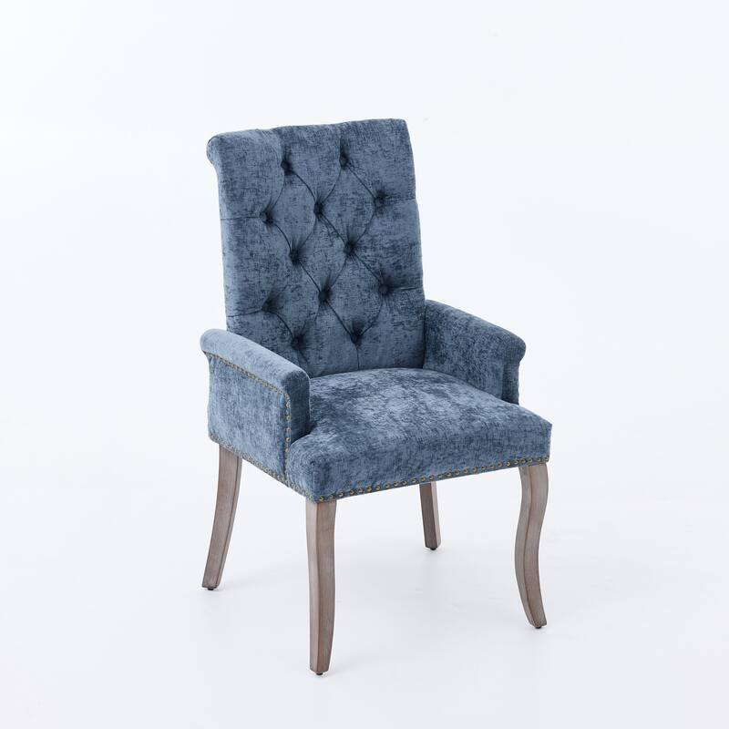 Upholstered Chenille Fabric Accent Dining Chair, Curved Solid Wood Legs, Elegant Tufted Club Dining Room Kitchen Room Arm