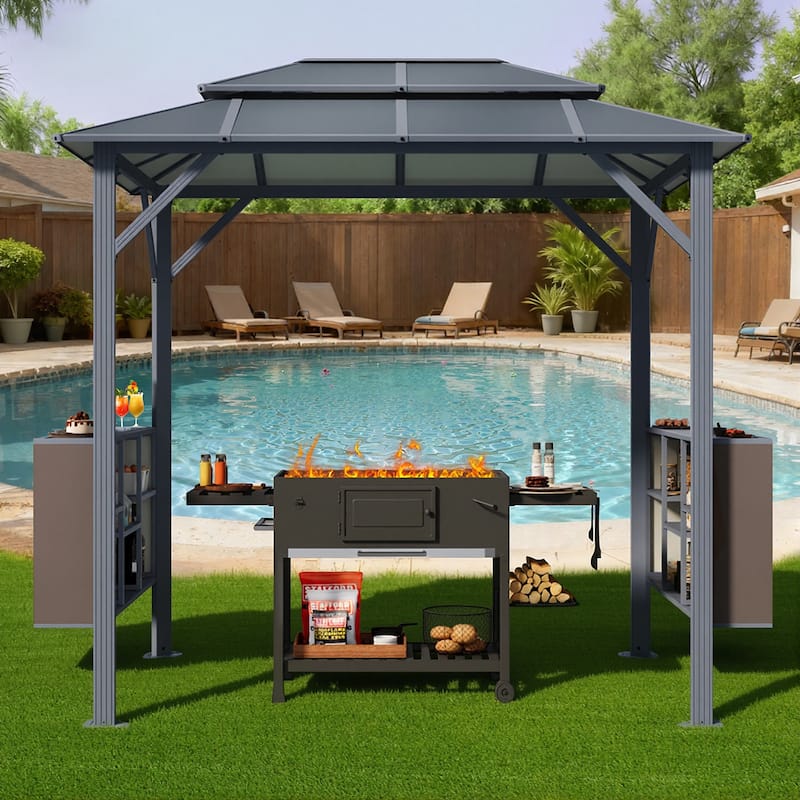 Grill Gazebo with Bar & Shelves, Double Roof BBQ Canopy for Patio, Wind & Weather-Resistant Outdoor Grill Shelter Tent