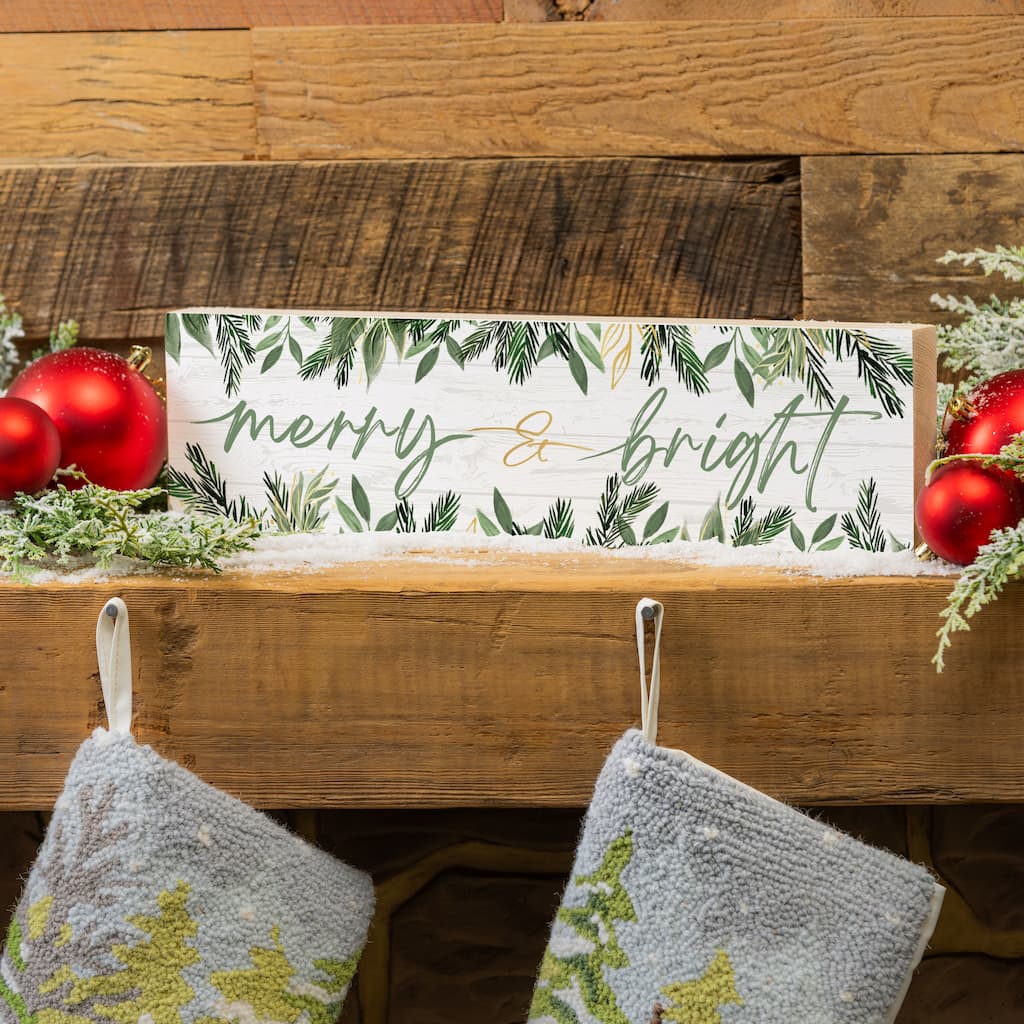 Shades of Green Mantel Sign - "Merry & Bright" - 18" x 5" - Multicolor