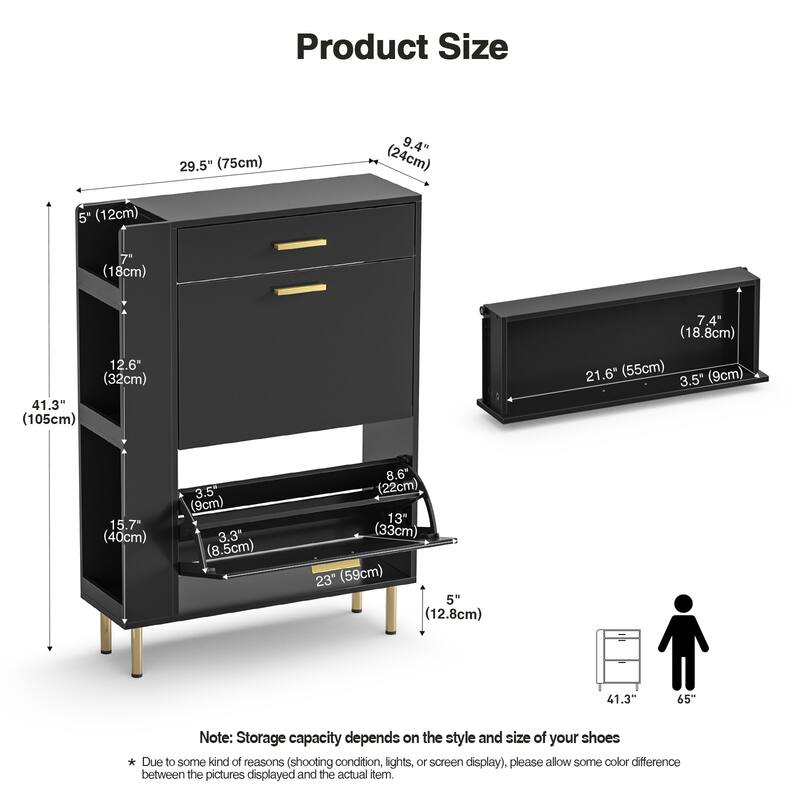 Anmytek 16 Pairs Black Slim Shoe Storage Cabinet Freestanding Shoe Rack Organizer with 2 Flip Drawers for Entryway