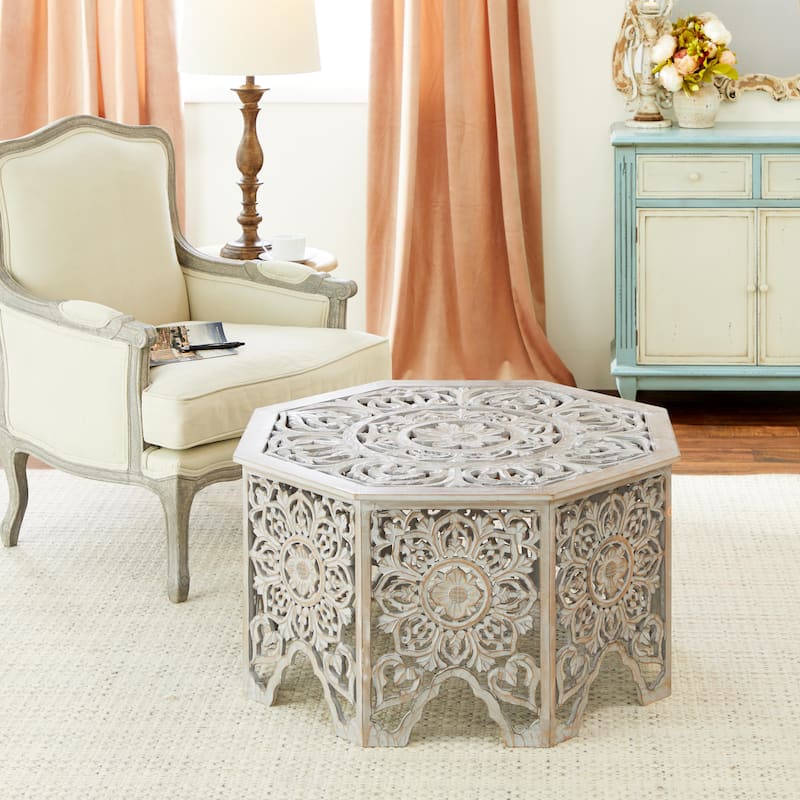 Wooden Floral Handmade Intricately Carved Coffee Table with Hollow Interior - Light Gray or Cream - Roche River Decor