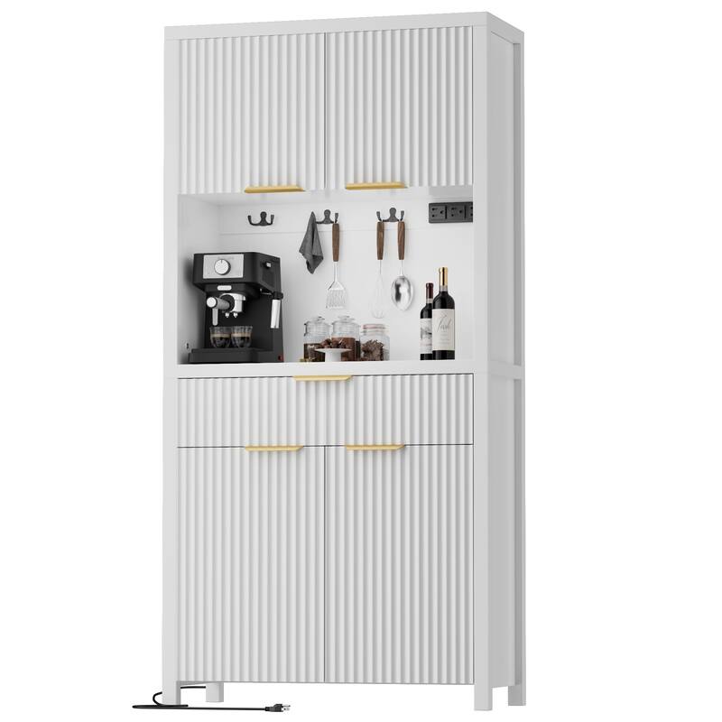 71"Pantry Storage Cabinet with Drawer, Charging Station and Open Countertop for Dining Living Room