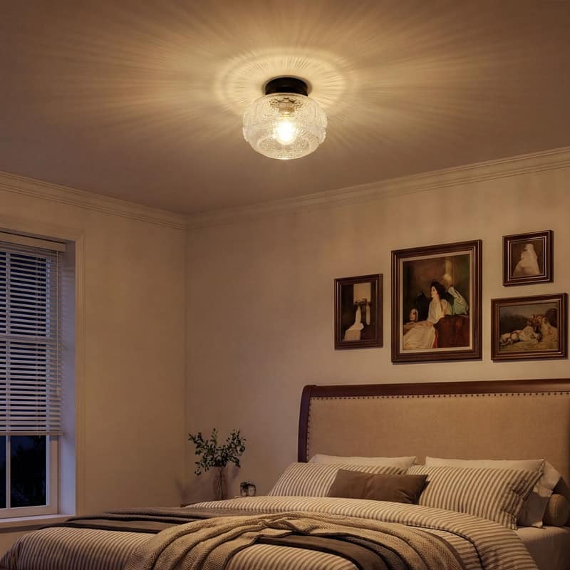 Modern Matte Black Painted Iron Clear Glass One Light Flush Mount Ceiling Light 9.45 Inch Diameter