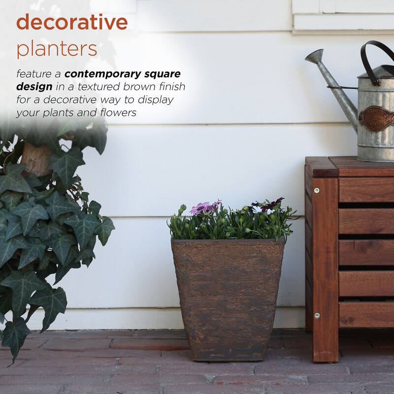 Alpine Corporation Indoor/Outdoor Stone-look Squared Planter, Large, Brown (Set of 2)