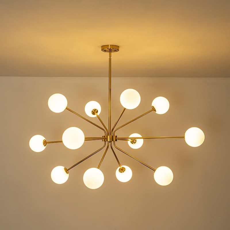 Mid-Century Linear Milky Glass Globe Bubble Sputnik Chandelier