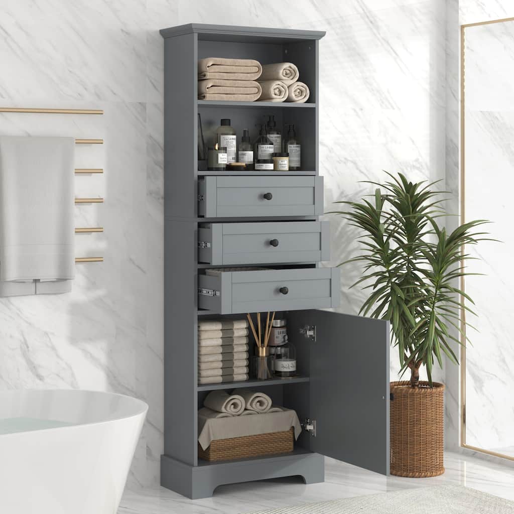 Gray Tall Storage Cabinet with 3 Drawers and Adjustable Shelves for Bathroom, Study, Office and Interior,with Painted Finish