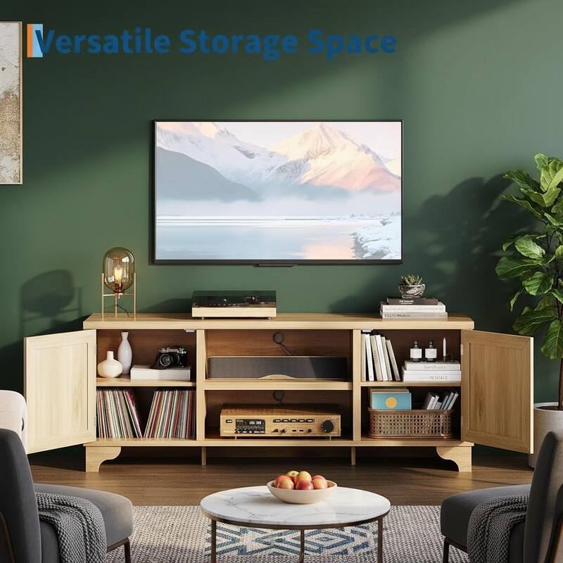 Boho TV Stand, with 2 Cabinets & Open Shelf