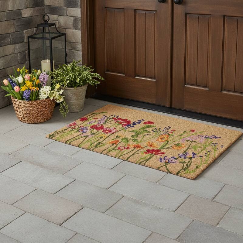 HomeRoots 18" X 40" Brown Green And Purple Floral Outdoor Coir Door Mat - 18.00' X '40.00 - 18.00' X '40.00