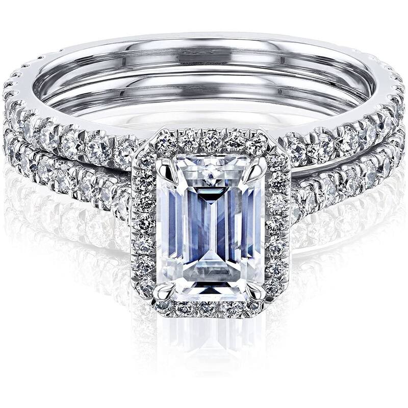 Annello by Kobelli 14k Gold Emerald Cut Forever One Moissanite Halo Bridal Set (DEF/VS, DEF/VS) - White - 10