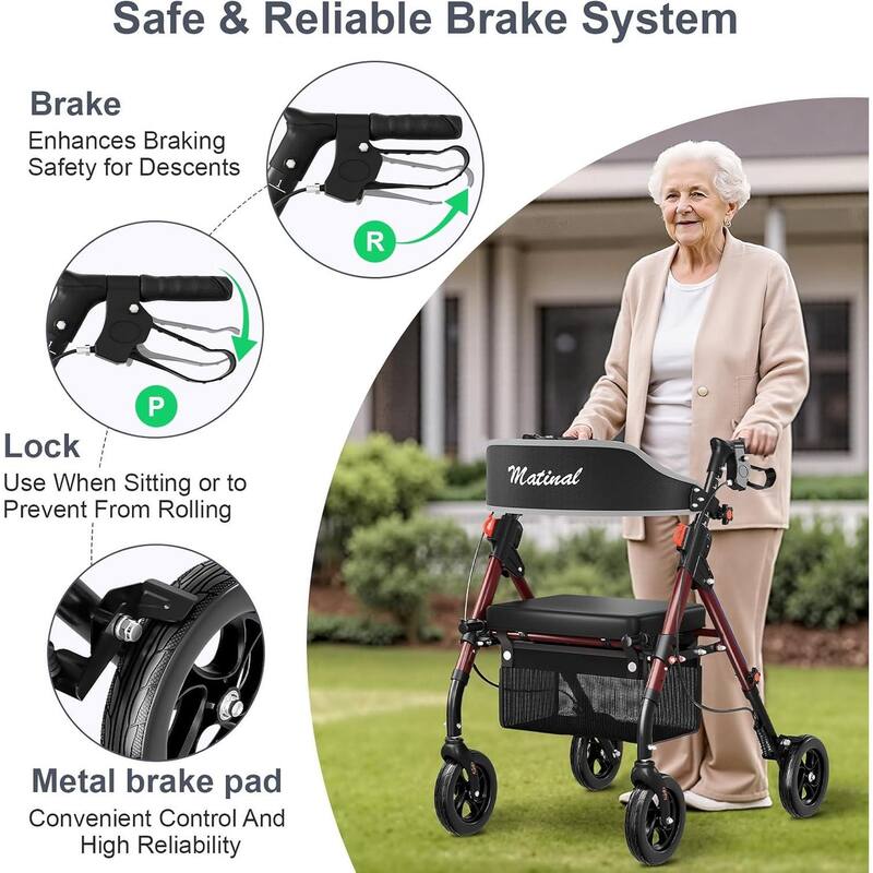 Matinal Foldable Rollator Walkers with Seat for Seniors, 350 lb Capacity, 8'' Big Wheels, 6-Position Height