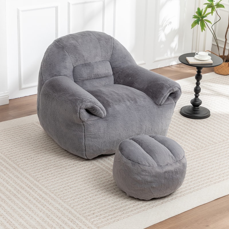 Comfy Bean Bag Sofa With Back Support, With Footstool,Faux Fur Bean Bag Chair For Adults And Kids