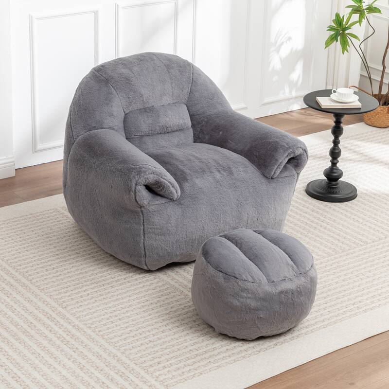 Faux Fur Bean Bag Chair with Back Support & Footstool - Comfy Floor Sofa for Adults & Kids, Living Room, Bedroom (2 Options)