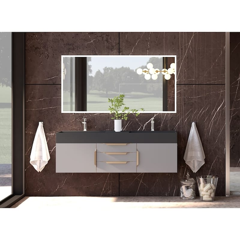 Amazon 60" Wall Mounted Bathroom Vanity Set w/ Black Top
