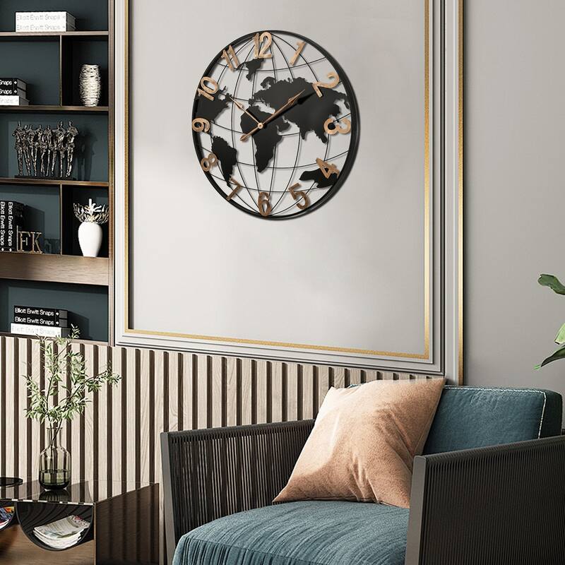 36 in Large Black Metal Modern Silent World Map Wall Clock - 35.5 in - Black - 35.5 in