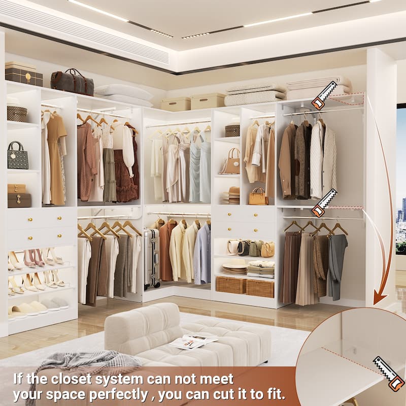 Rackcog Freestanding Corner Closet System Set, Closet Organizer with Hanging Rods and Drawers