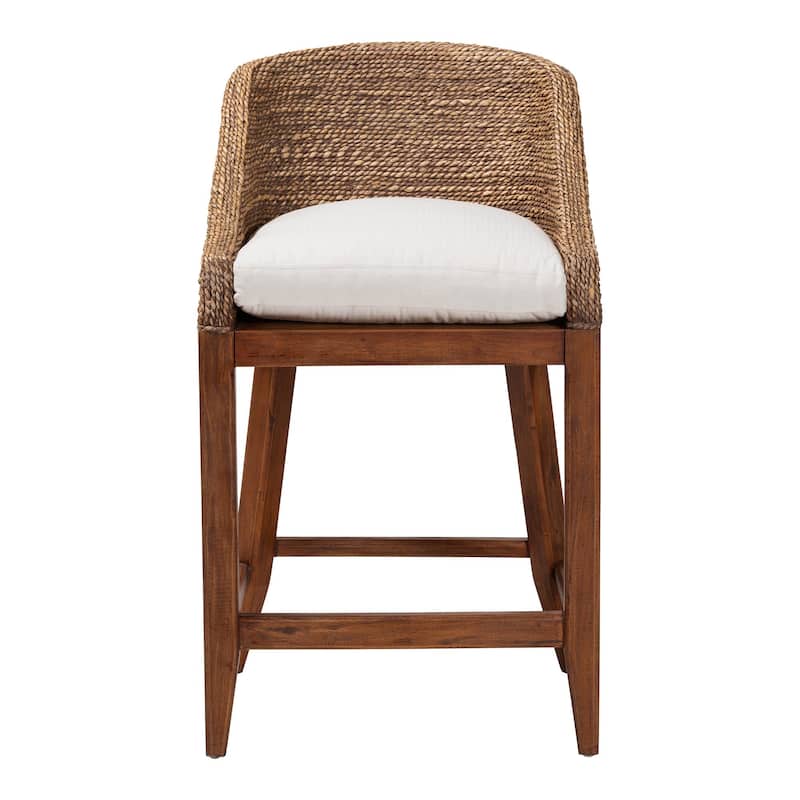 Jasper Seagrass Counter Stool with Mahogany Wood Frame - Coastal Seating with Woven Wingback and Cushioned Seat for Kitchen