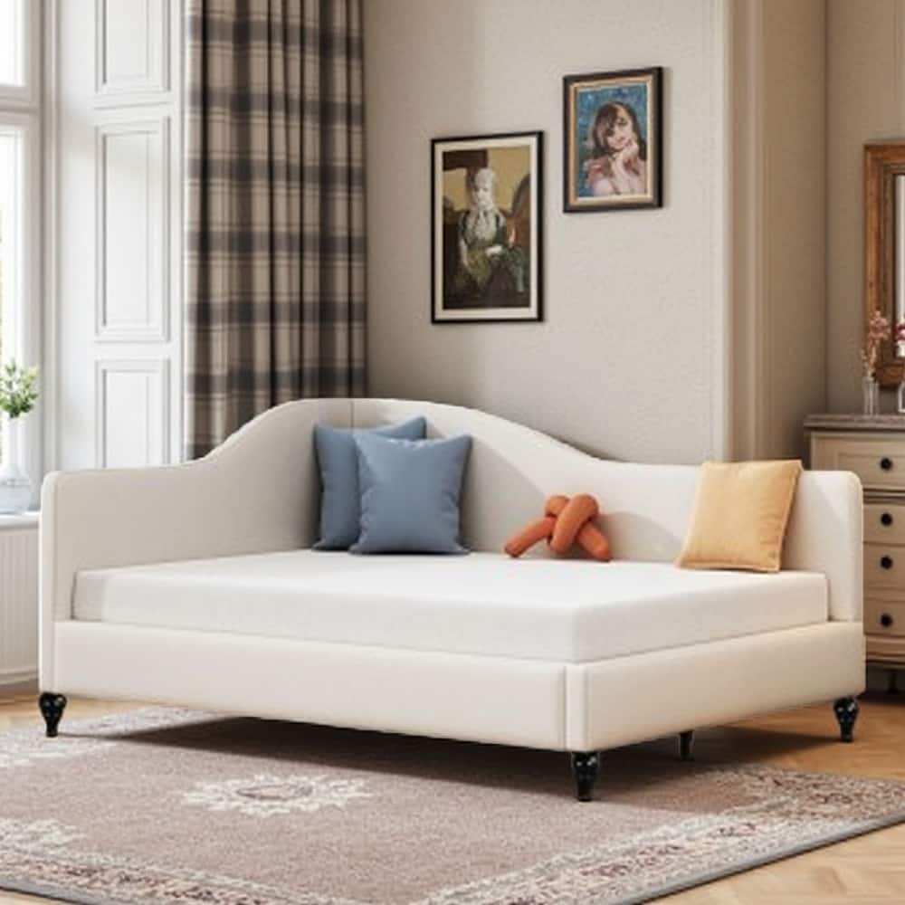 Modern L-Shaped Full Size Linen Daybed with Solid Wood Legs, Semi-Enclosed Design, Durable & Stylish Seating in Gray or Beige