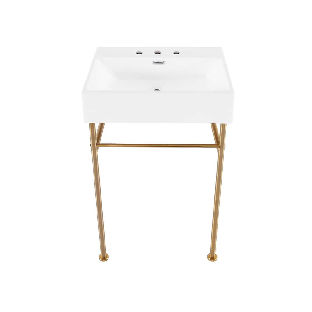 Claire 24" Console Sink White Basin Brushed Gold Legs With 8" Widespread Holes - 24" x 16" x 35"