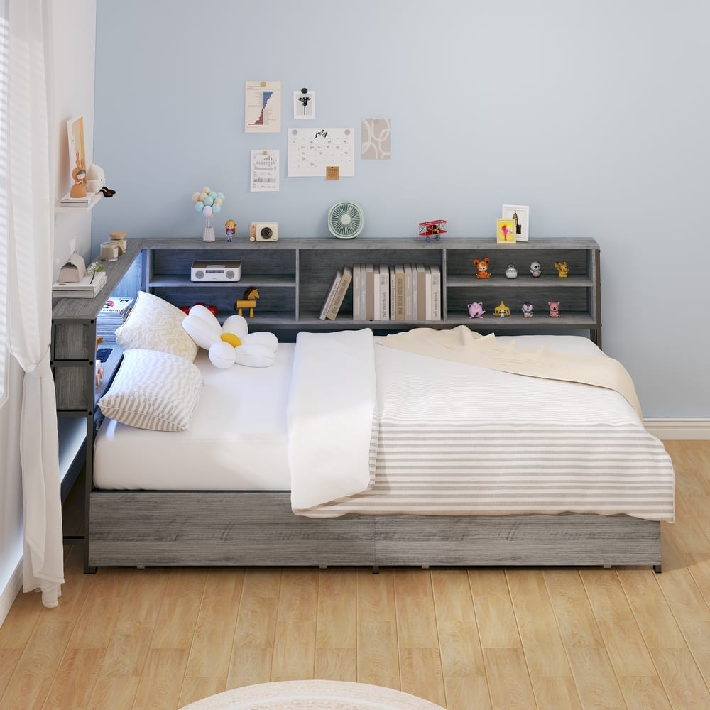 Kids Corner Bed with Storage, Twin/Full Daybed with Drawers, Bookcase Headboard with Charging Station & LED Lights