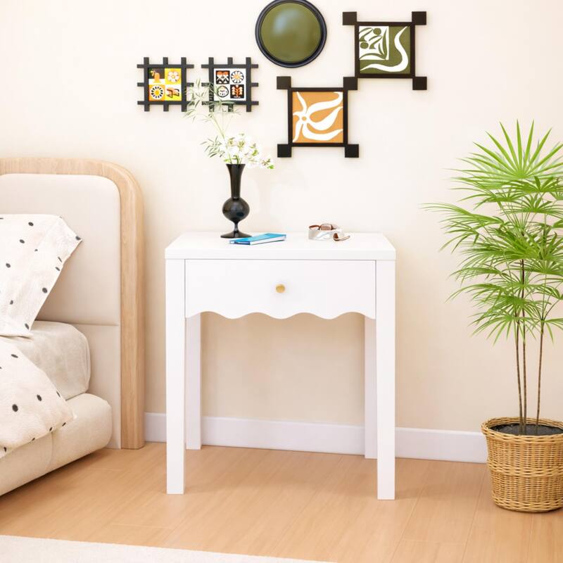 White Nightstand with Drawer, Modern Bedside Table with Wavy Apron Design, Compact End Table, Small Side Table with Storage