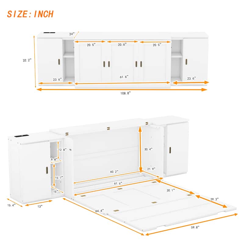 Murphy Bed with Shelves, Cabinets, USB Ports