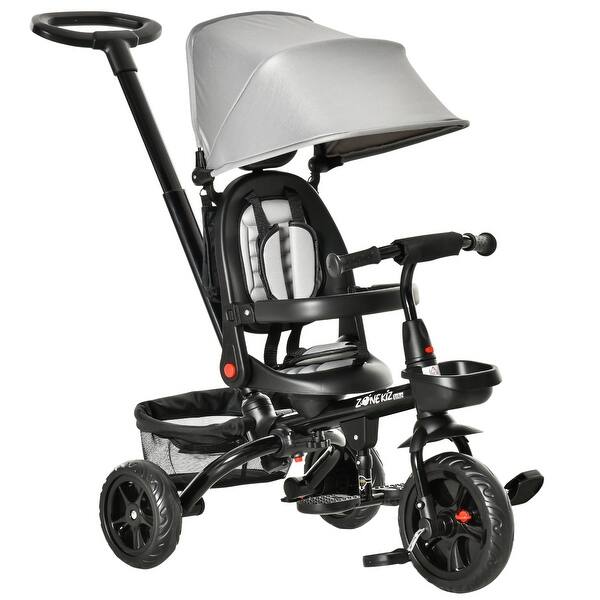 slide 2 of 15, 14-in-1 Kids Tricycle with Adjustable Parent Handle, Safety Bar, Storage Baskets, and Removable Canopy for Ages 1-5 Grey