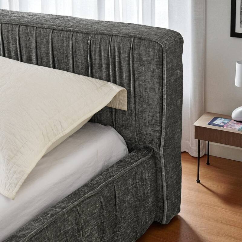 Queen Size Upholstered Platform Bed Frame with Chenille Pleated Headboard, Solid Wood Slats, No Box Spring Needed