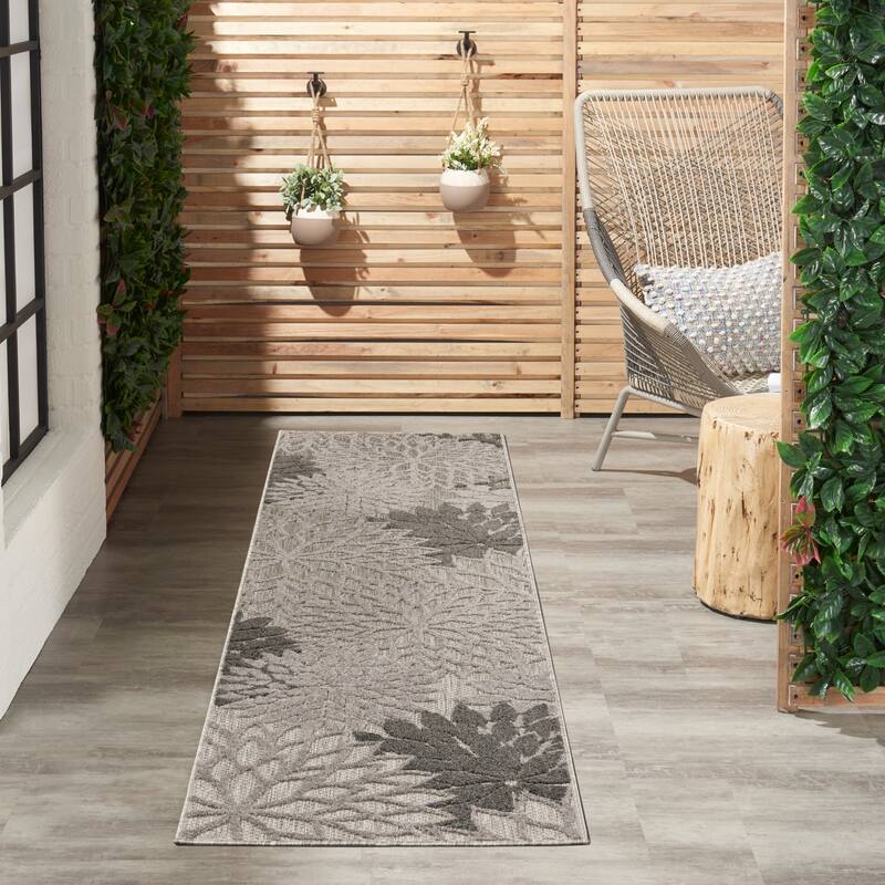 Nourison Aloha Floral Modern Indoor/Outdoor Area Rug - 2' x 6' Runner - Silver Grey