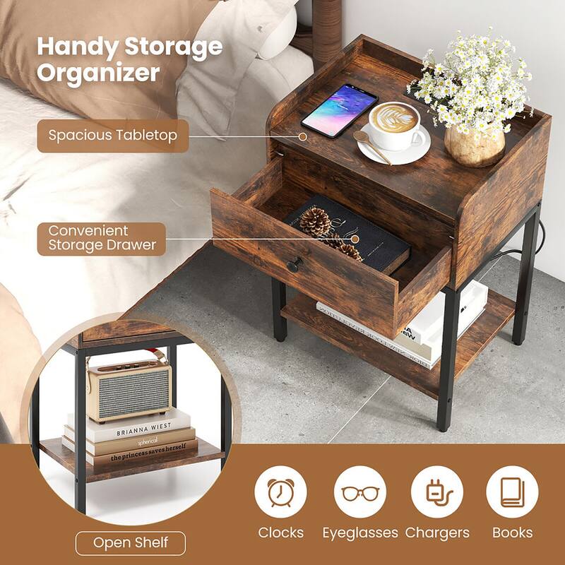 Gymax 2 PCS Nightstand Side End Table w/ Charging Station Drawer Open