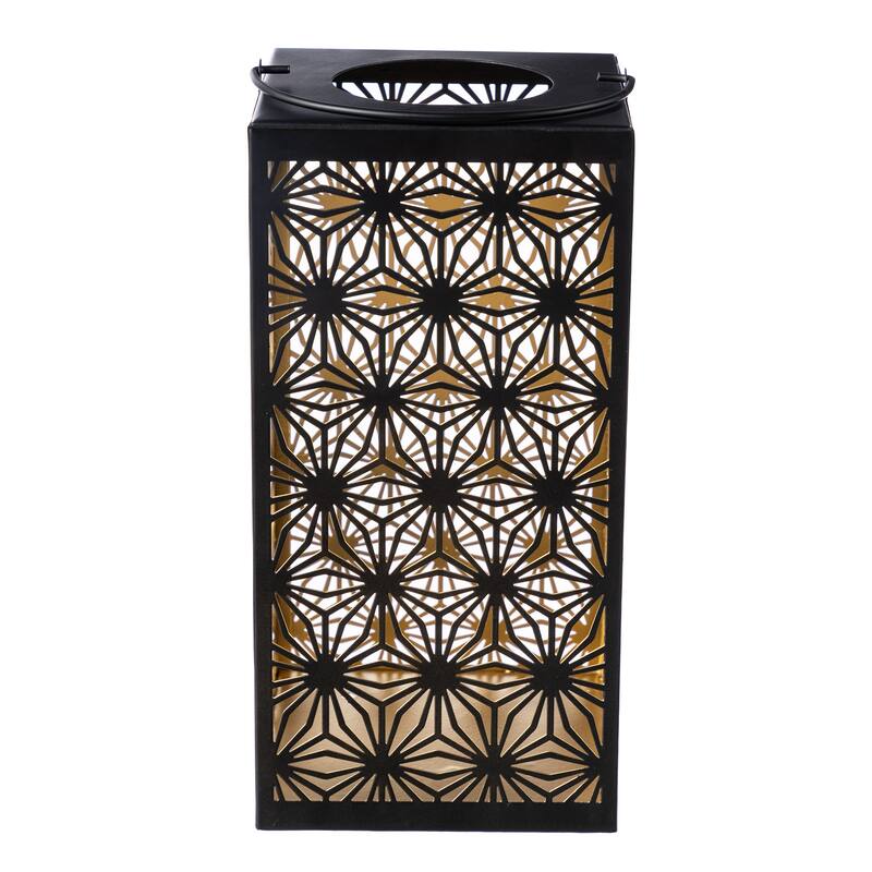 Glitzhome 11"H Black Metal Cutout or Square Textured Glass Pattern Solar Powered Hanging Lantern with LED Light